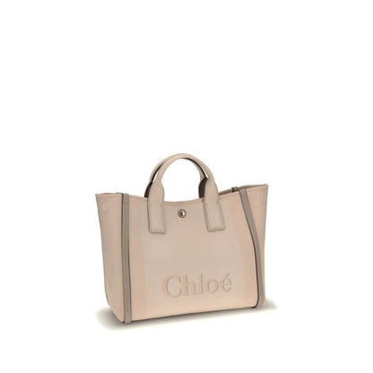 Chloé Beige Cotton Handbag with leather details, featuring a snap top closure and double flat handles, showcasing brand monogram.