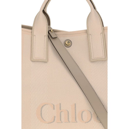 Chloé Beige Cotton Handbag with leather details, snap top closure, double handles, and monogram accent for elegant style.