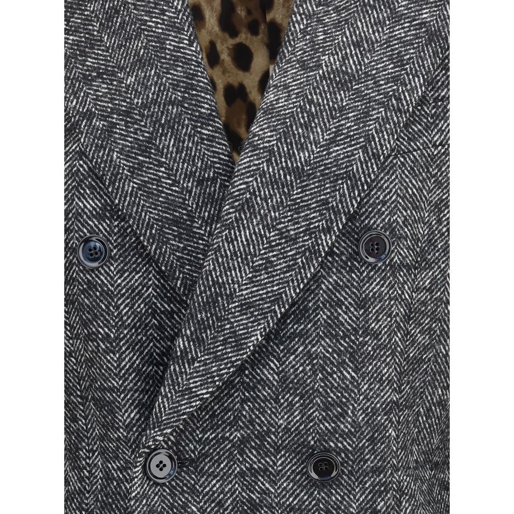 Dolce & Gabbana Gray Fleece Wool Blazer with chevron pattern and double-breasted button closure showcasing luxury fabric details.