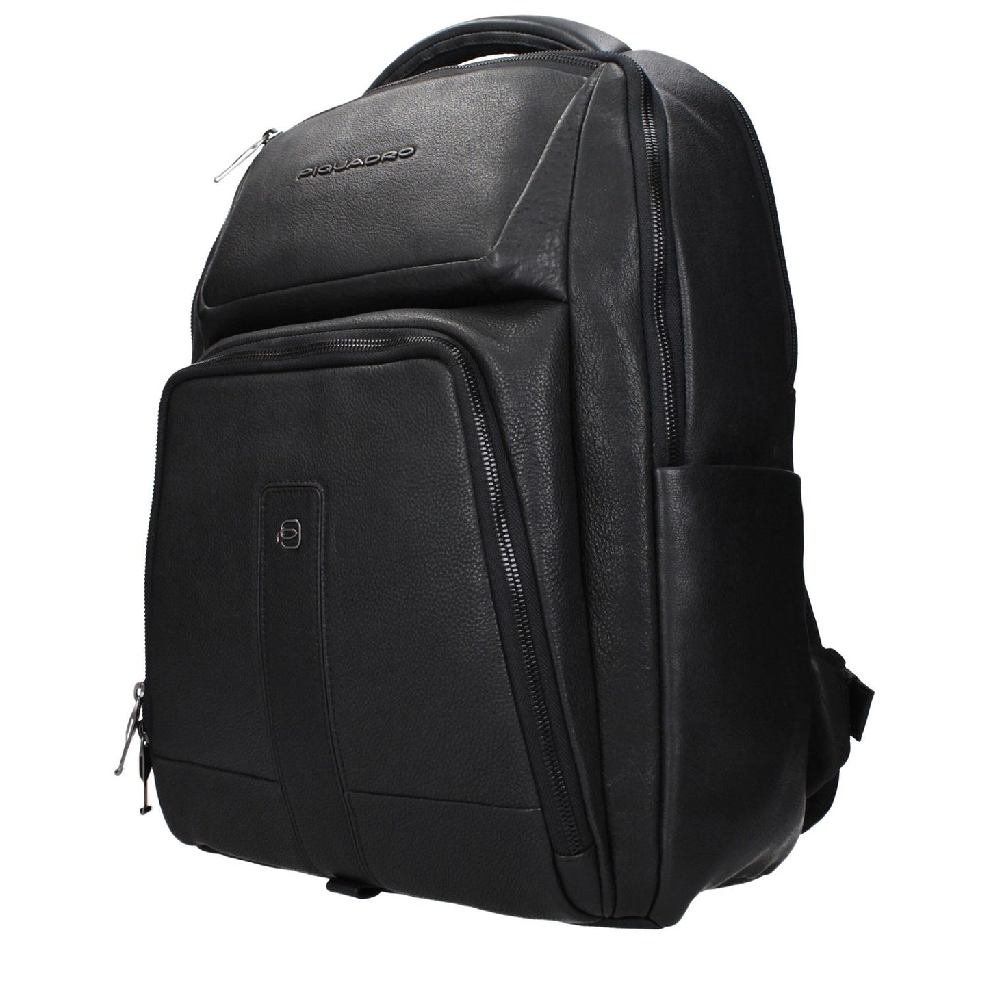 Piquadro Black Leather Backpack with front and back logo, adjustable straps, vintage effect, and digital device compartments.