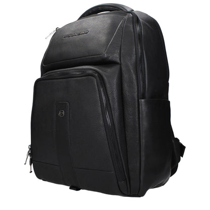 Piquadro Black Leather Backpack with front and back logo, adjustable straps, vintage effect, and digital device compartments.