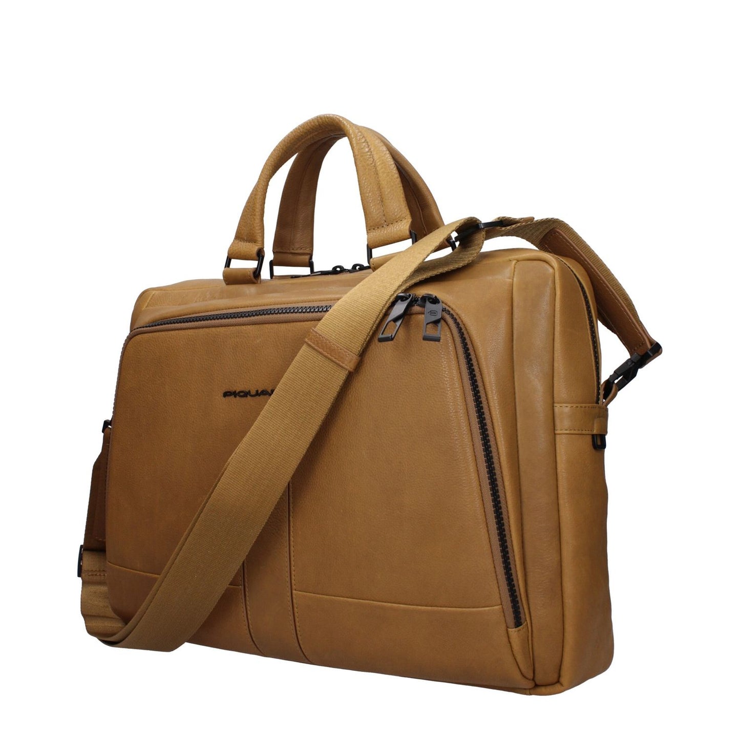 Piquadro Beige Leather Business And Laptop Bag with adjustable shoulder strap and vintage effect design, ideal for work and travel.