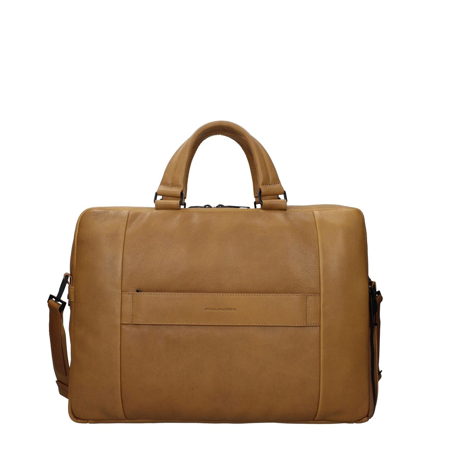 Piquadro Beige Leather Business And Laptop Bag with adjustable strap and vintage effect, featuring front and back logos for style and utility.