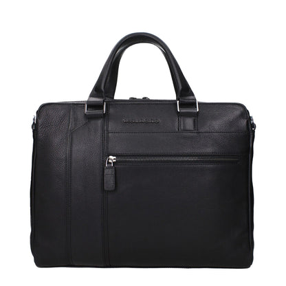 Piquadro Black Leather Business And Laptop Bag with adjustable strap, front and back logo, vintage effect, featuring MPN CA4940S105N.