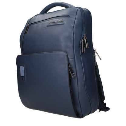 Piquadro Blue Leather Backpack with front logo, adjustable straps, and iPad/PC cases, MPN CA5105AOBLU, code F84381