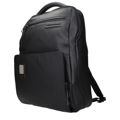 Piquadro Black Leather Backpack with adjustable straps and front logo, includes iPad/PC case, MPN CA5105AON, code F84381