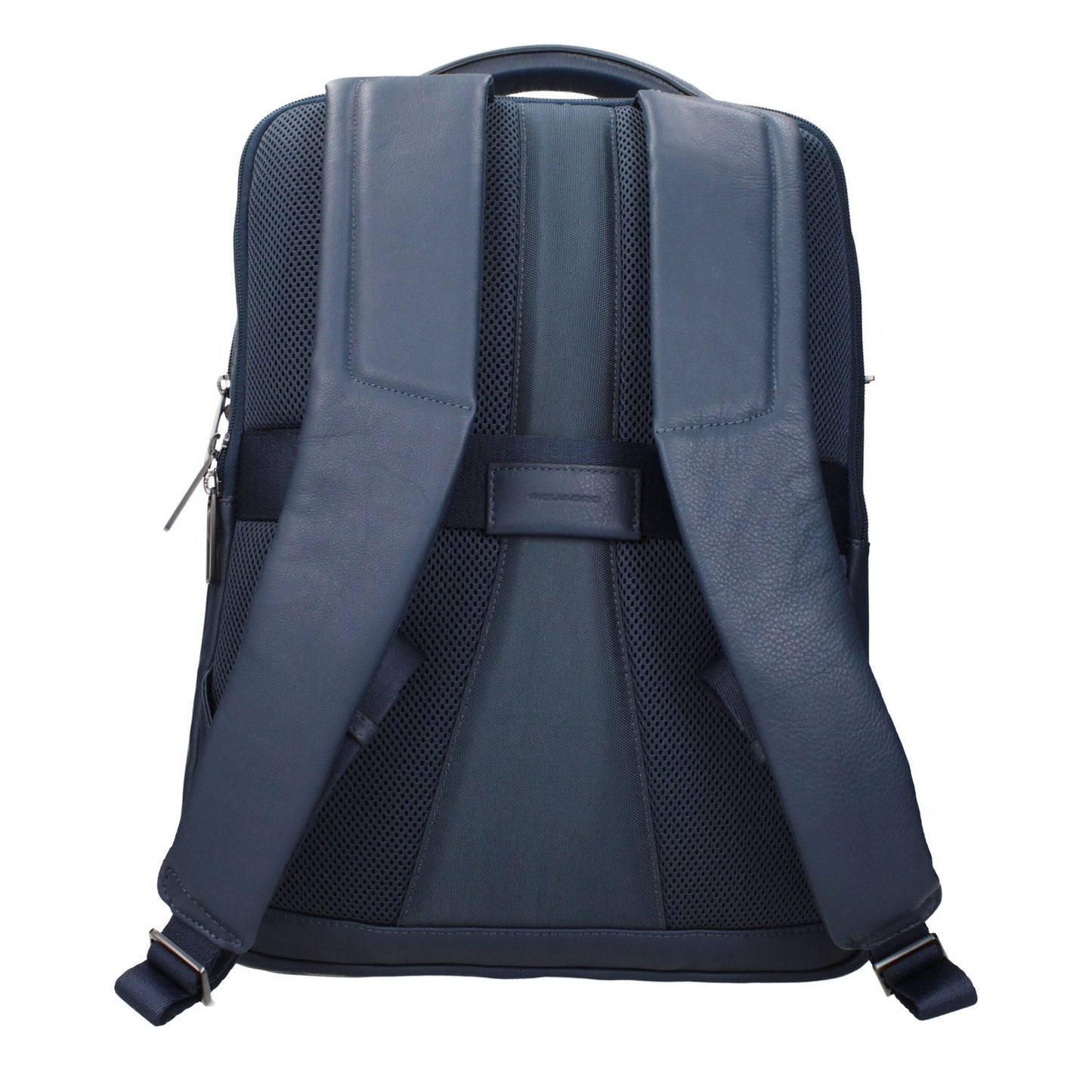 Piquadro Blue Leather Backpack with adjustable straps and back view, featuring front logo and compartments for iPad/PC cases.