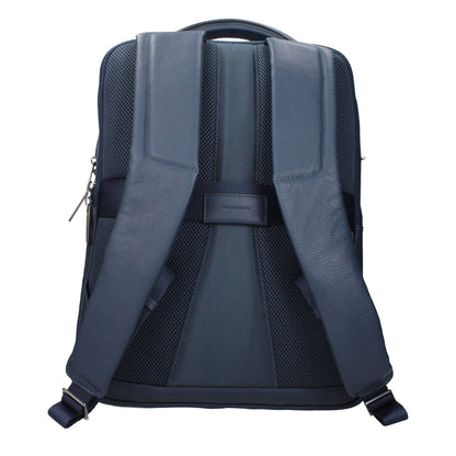 Piquadro Blue Leather Backpack with adjustable straps and back view, featuring front logo and compartments for iPad/PC cases.