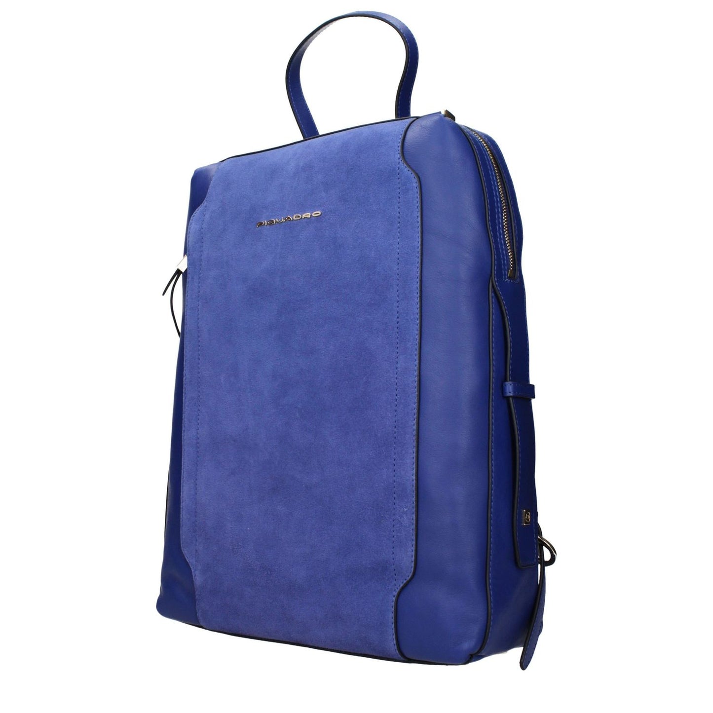 Piquadro Blue Leather Backpack with adjustable straps, front and side logo, designed for iPad/PC, featuring a vintage and aged effect.