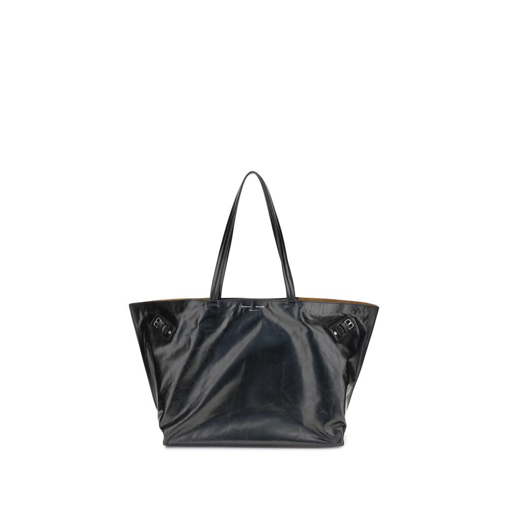 Proenza Schouler Black Leather Shoulder Bag with silver-tone side buckles and spacious design.