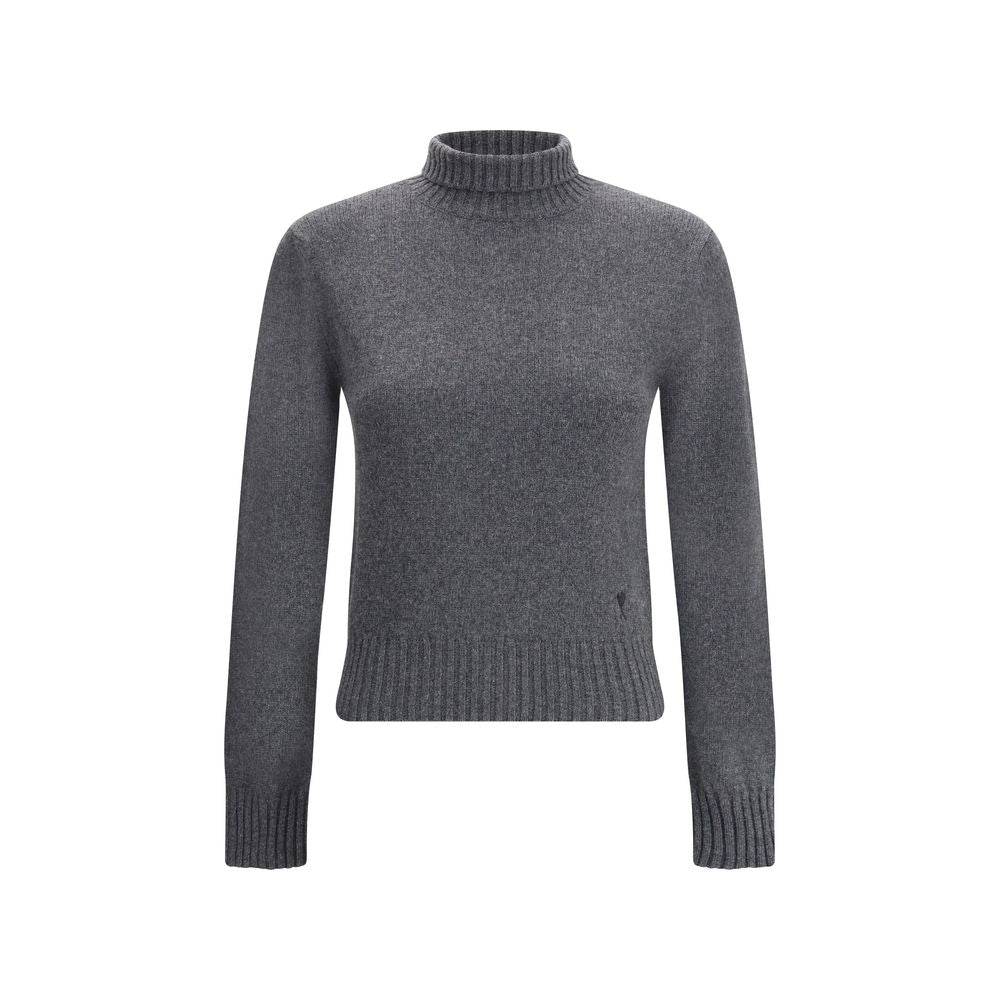 Ami Paris Gray Cashmere Turtleneck with ribbed trim and Ami De Coeur logo, perfect for elegant winter wardrobe.