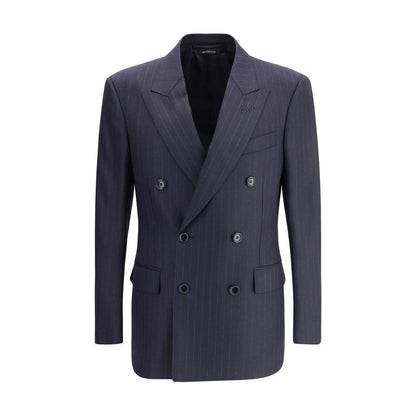 Tom Ford Blue Wool Blazer with pinstripe double-breasted design and peaked lapels, featuring welt flap pockets, AW25 collection.