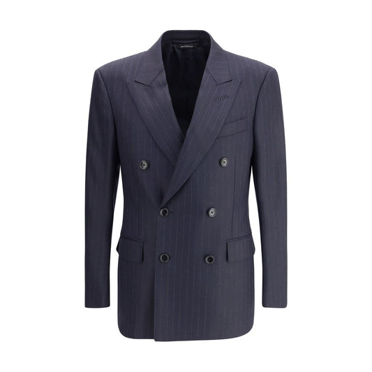 Tom Ford Blue Wool Blazer with pinstripes, double-breasted, peaked lapels, front welt flap pockets, made of 100% wool, AW25 collection.