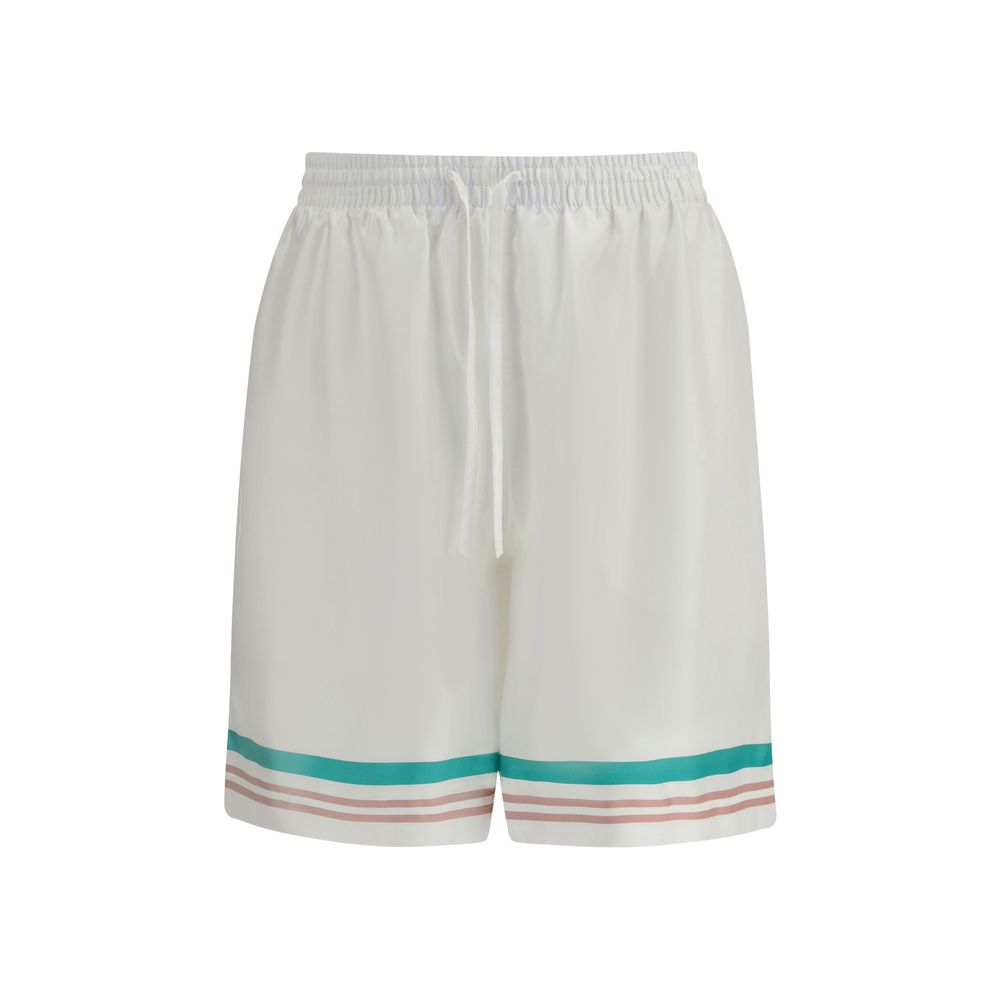 Casablanca White Silk Bermuda Shorts with striped hem, elasticated waistband, and back pocket detail, perfect for AW25.