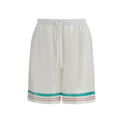 Casablanca White Silk Bermuda Shorts with striped hem, elasticated waistband, and back pocket detail, perfect for AW25.