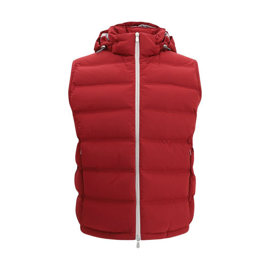 Brunello Cucinelli Red Polyester Jackets And Coat, down vest with removable hood, two side pockets, and double-slider zipper.