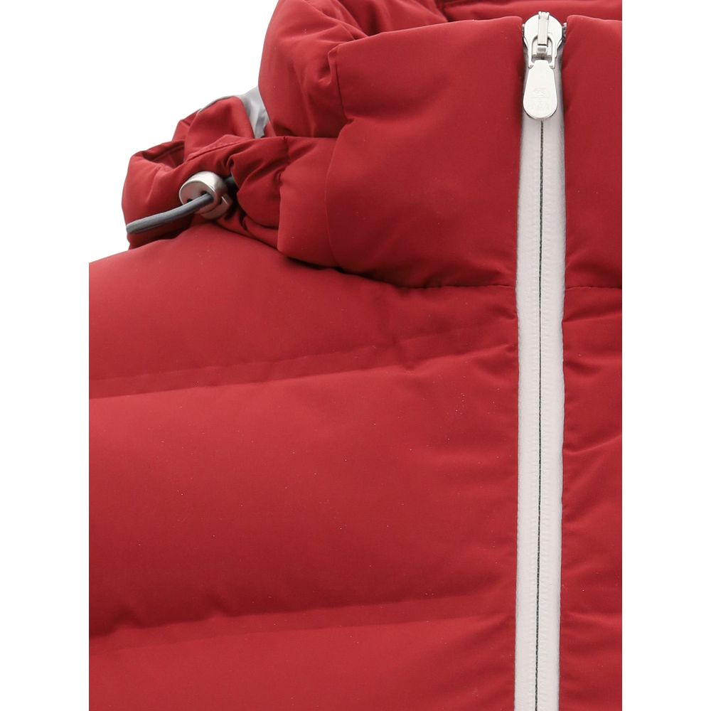 Brunello Cucinelli Red Polyester Jackets And Coat with zippered hood and double-slider zipper detail.