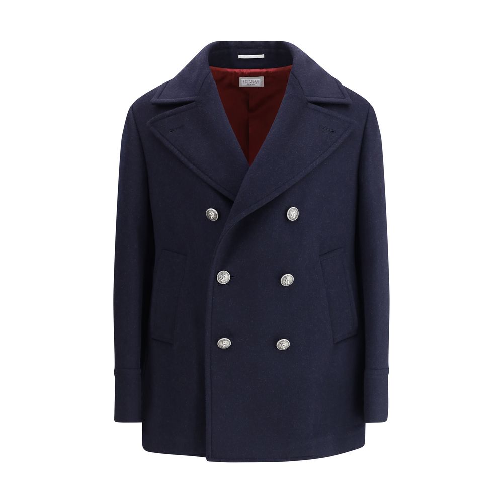 Brunello Cucinelli Blue Wool Coat with metal buttons and classic lapel collar, featuring low pockets and double back slit for AW25 season.