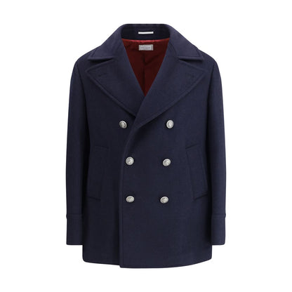 Brunello Cucinelli Blue Wool Coat with metal buttons and classic lapel collar, featuring low pockets and double back slit for AW25 season.