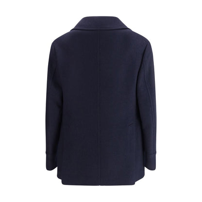 Back view of Brunello Cucinelli Blue Wool Coat showcasing elegant design with lapel collar and vertical pockets.