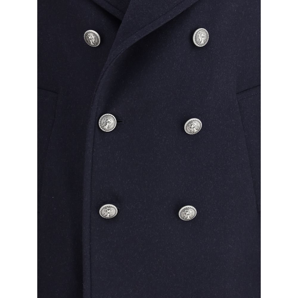 Brunello Cucinelli Blue Wool Coat with metal button closure and classic lapel collar, showcasing elegance and functionality.