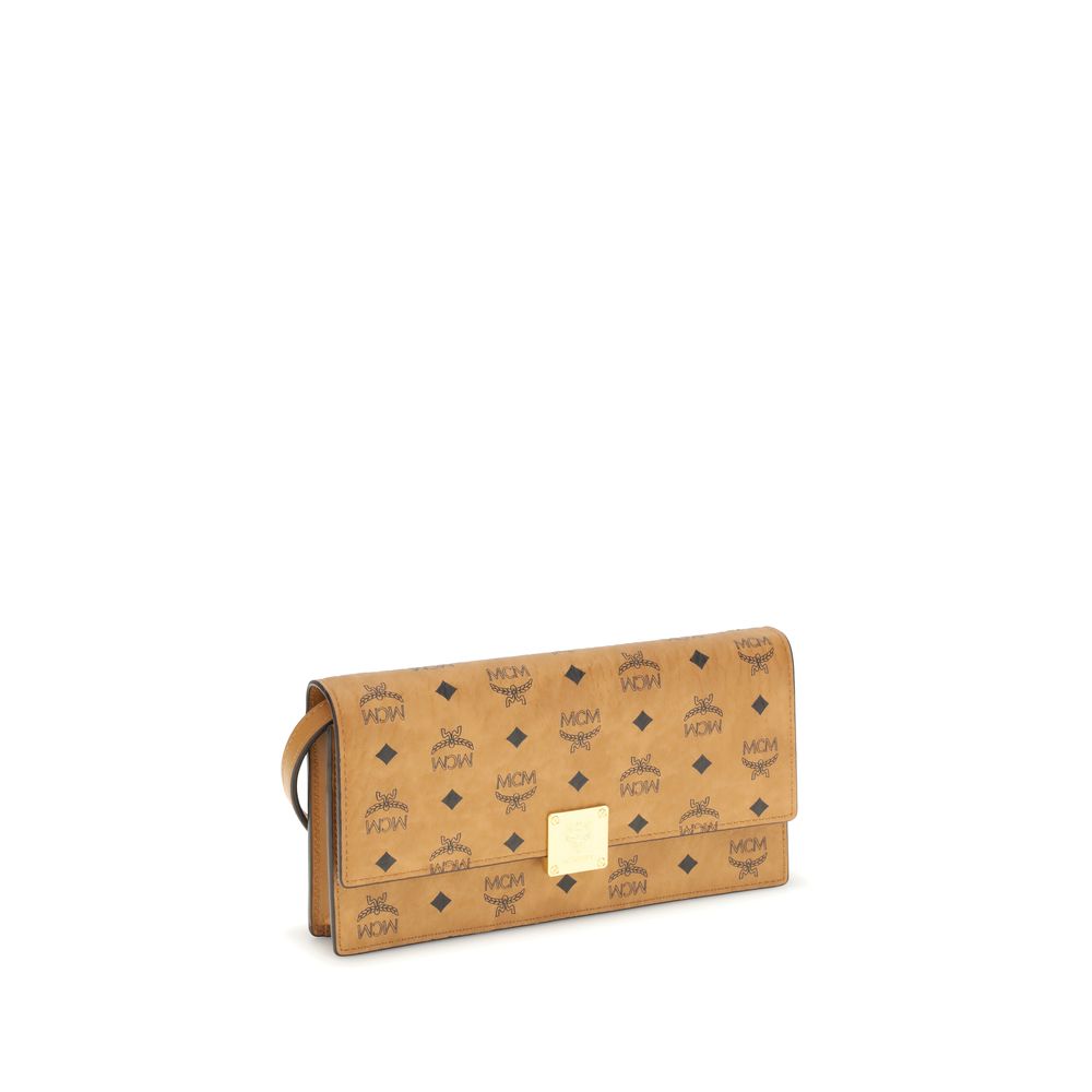 MCM Beige Fabric Wallet with Visetos pattern, metallic logo, and removable strap