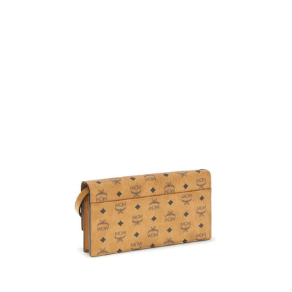 MCM Beige Fabric Wallet with coated canvas and Visetos pattern, featuring a removable leather strap and metallic logo detail.