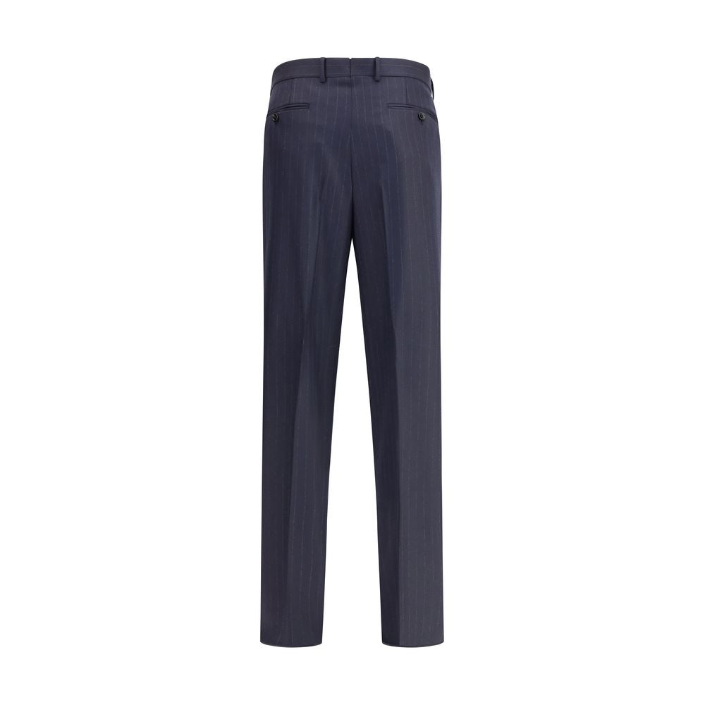 Tom Ford Blue Wool Dress Pants with pinstripes, featuring pleats, zipper and hook closure, and a straight-leg design for a formal look.