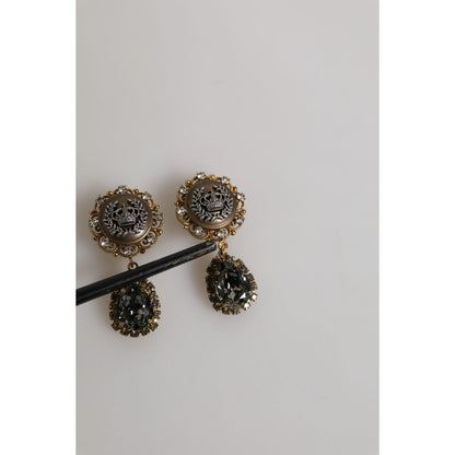 Dolce & Gabbana Gold Brass Crown Medallion Black Crystal Drop Clip On Earrings