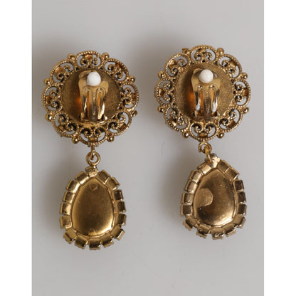 Dolce & Gabbana Gold Brass Crown Medallion Black Crystal Drop Clip On Earrings