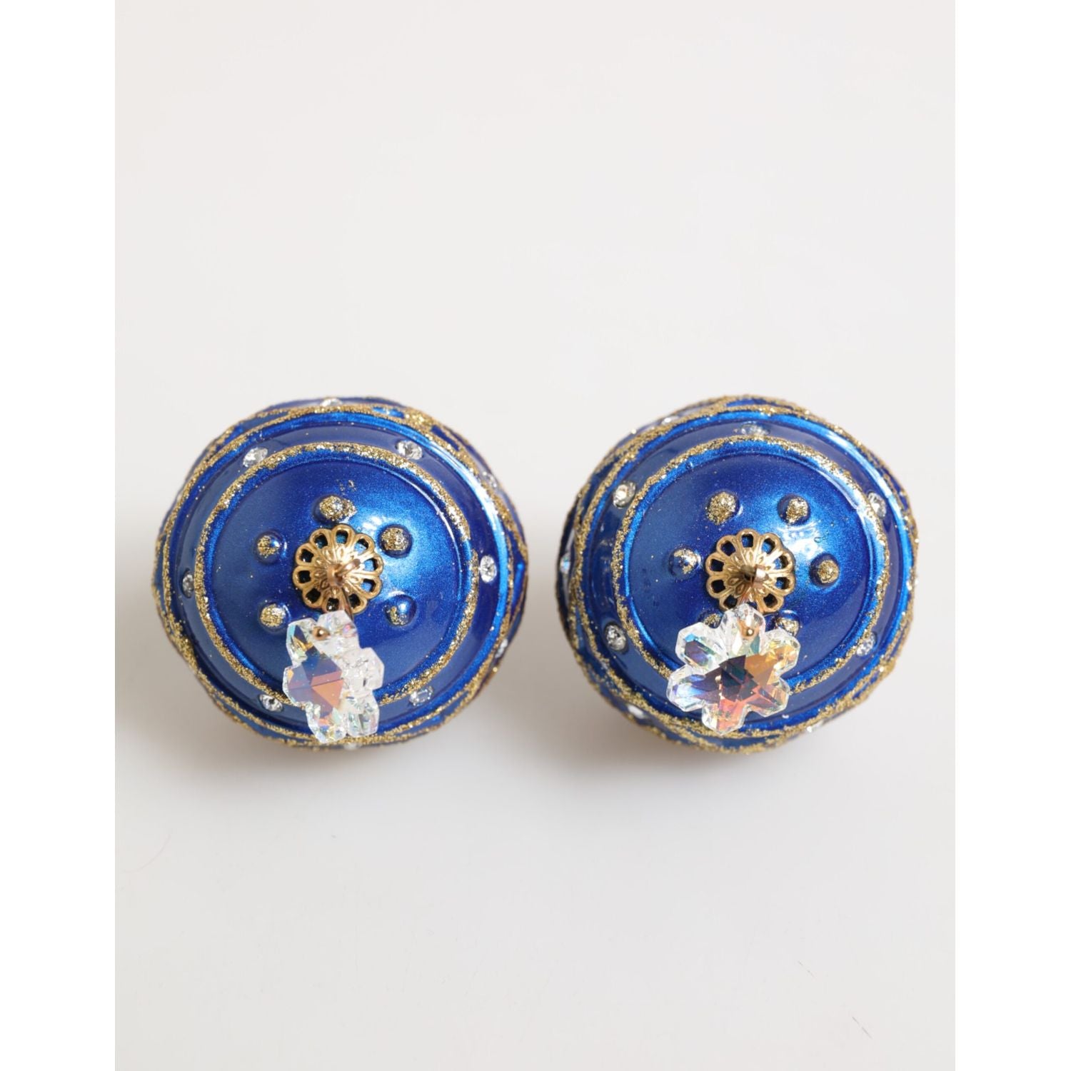 Dolce & Gabbana Gold Brass Blue Christmas Ball Crystal Drop Clip On Earrings