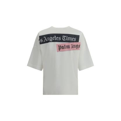 Back view of Palm Angels White Cotton T-Shirt with printed logo, crew neckline, short sleeves, straight hem, Paxlatimes News design.