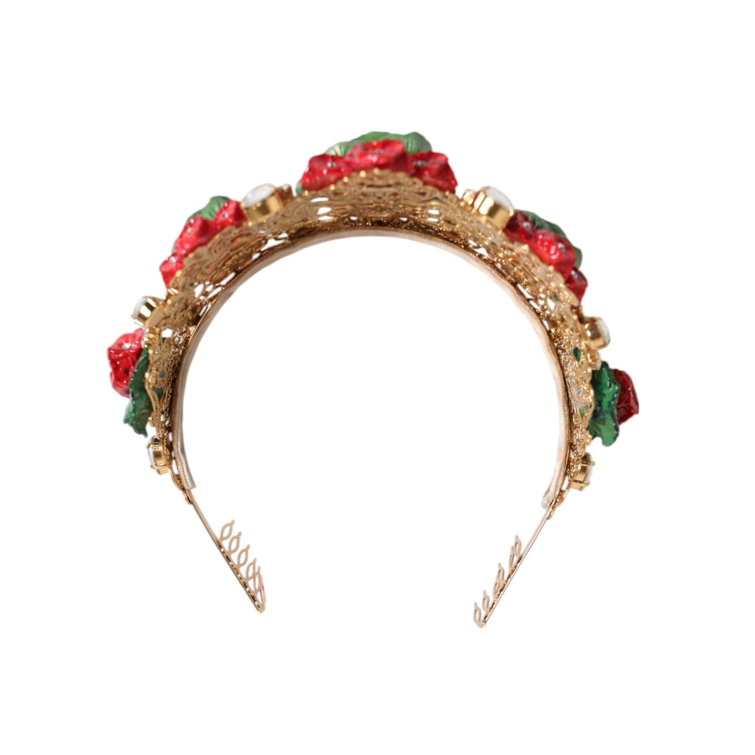 Dolce & Gabbana Red Floral Flowerpot Crystal Gold Crown Tiara Headband