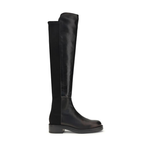 Stuart Weitzman Black Leather Over The Knee boots with smooth leather front and elastic back, showcasing a block heel for style and comfort.