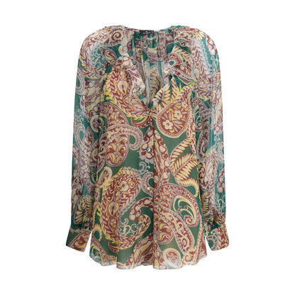 Etro Multicolor Silk Pattern Shirt with paisley print, delicate ruffles, and see-through effect, featuring wide sleeves and asymmetric hemline.