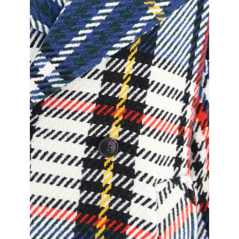Close-up of Sara Roka Multicolor Wool Coat fabric, featuring check pattern with bold colors, highlighting texture and button detail.