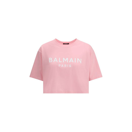 Balmain Multicolor Cotton T-Shirt with monogram, ribbed crew neck, and cropped fit in soft monochrome pattern.
