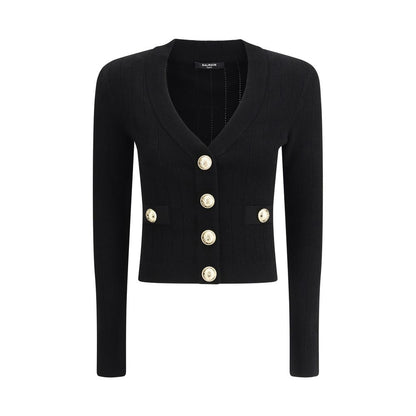 Balmain Black Viscose Cardigan with cropped design, v-neck, embossed buttons, slim fit, monochrome pattern, 83% viscose, 17% polyester.