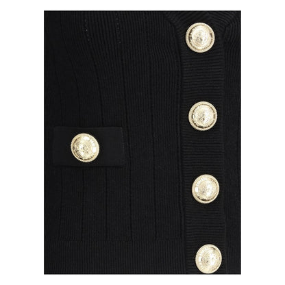 Balmain Black Viscose Cardigan with embossed gold buttons, cropped v-neck design, monochrome pattern, slim fit for AW25 collection.