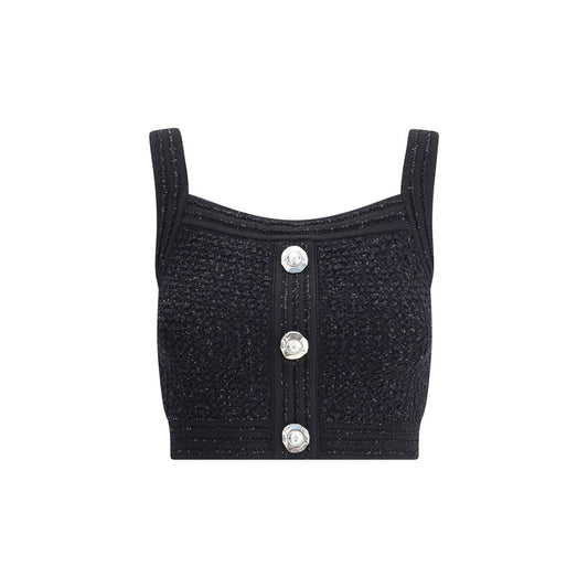 Balmain Black Polyamide Top with tweed fabric, square neckline, thick straps, and embossed button front closure.