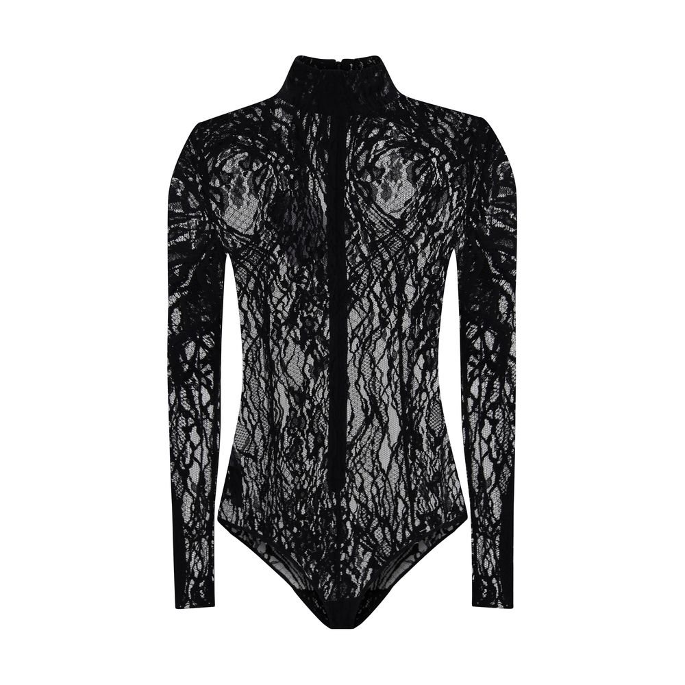 Balmain Black Cotton Top featuring sheer lace bodysuit design with high neck, back zip fastening, and buttoned briefs for AW25 season.
