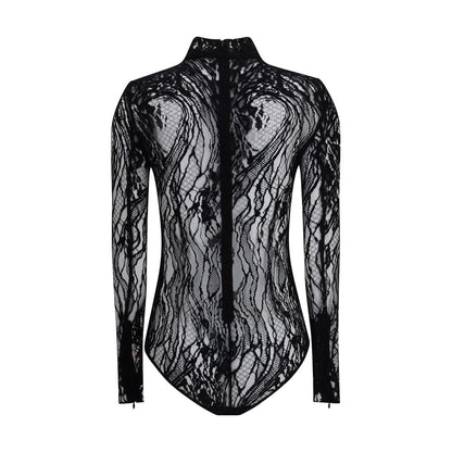 Back view of Balmain Black Cotton Top lace bodysuit with sheer design and zip fastening for a sophisticated feminine look.