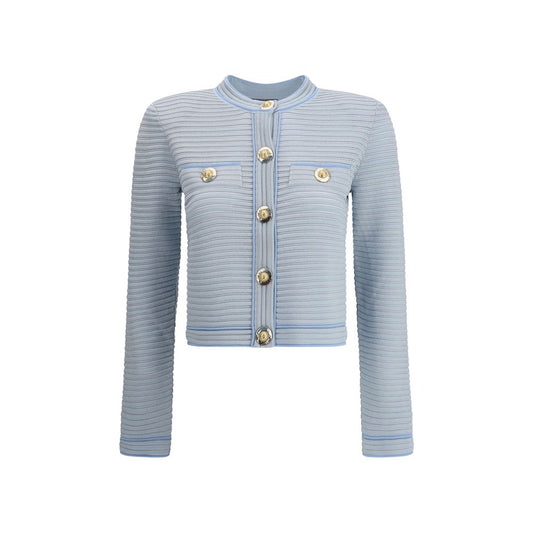Balmain Light Blue Viscose Cardigan with gold buttons and structured shoulders, elegant design for AW25 season.