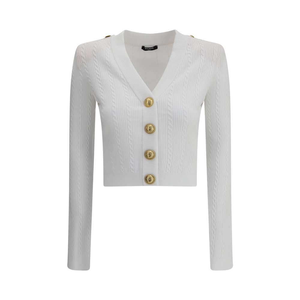 Balmain White Viscose Cardigan with embossed buttons, ribbed design, V-neck, and decorative tabs, military-inspired elegance, AW25 season.