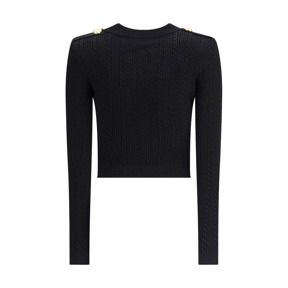 Back view of Balmain Black Viscose Cardigan with ribbed design and gold buttons, featuring structured shoulders and slim fit style.