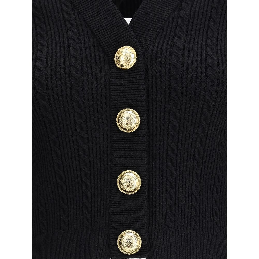 Balmain Black Viscose Cardigan with ribbed and braided design, gold embossed buttons, slim fit, military-inspired style, AW25 collection.