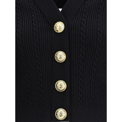 Balmain Black Viscose Cardigan with ribbed and braided design, gold embossed buttons, slim fit, military-inspired style, AW25 collection.