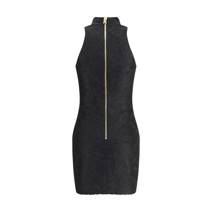 Balmain Black Viscose Cocktail Dress with baroque pattern, American collar, and gold embossed buttons, AW25 season.