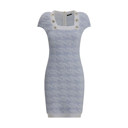 Balmain Light Blue Polyamide Casual Dress with square neckline and button details, ideal for elegant occasions. Slim fit, AW25 season.