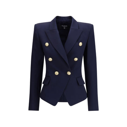 Balmain Blue Fleece Wool Blazer with gold embossed buttons, structured shoulders, and peak lapels, showcasing luxury and elegance.